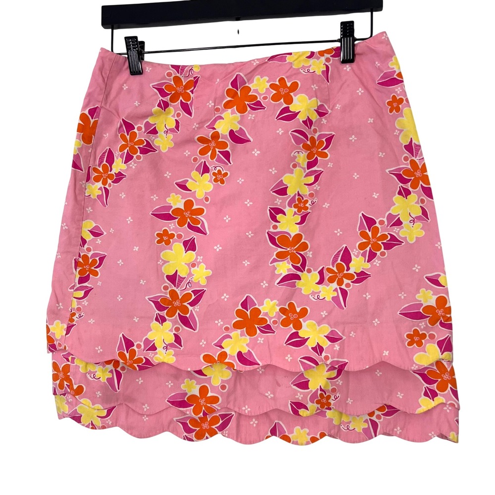 VTG Lilly Pulitzer Mini Skirt Size 6 Pink Floral Scalloped‎ Tiered Cotton Summer